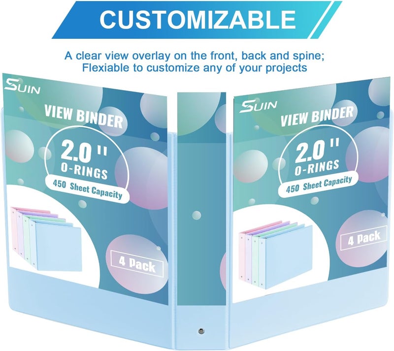 SUIN 2'' 3-Ring-Binder with Pockets, 450 Sheets Capacity, 2 inch Binders fits 11" x 8.5" US Letter Size, Assorted 4 Pastel Colors - Ideal for School, Office, and Home Use (2 inch) - Image 4